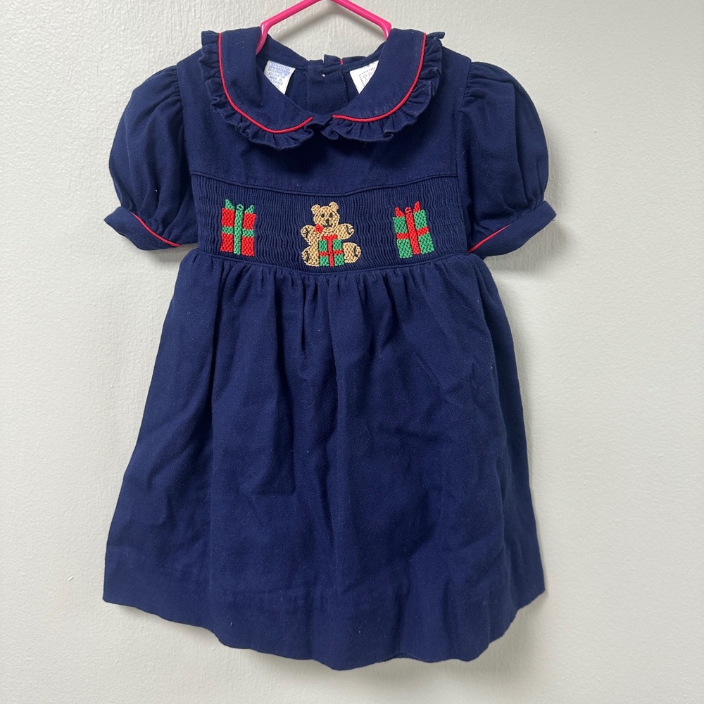 All‎ Mine Navy Blue Smocked Christmas Teddy Bear Dress Kids 24 Months Holiday